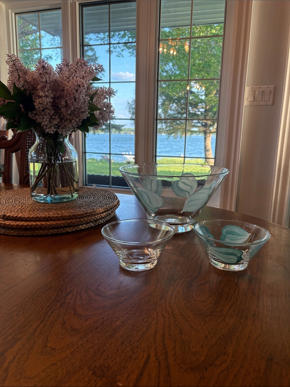 Vintage Glass Serving Bowl and Nesting Bowls - Aqua Swirl Design